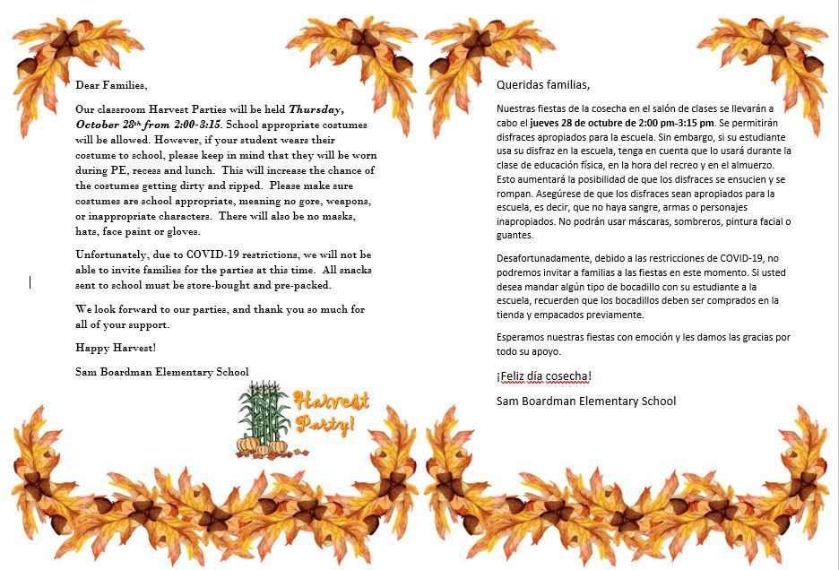 Flyer sharing information about the SBE harvest parties