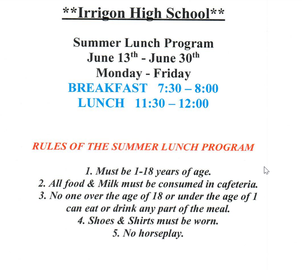 Breakfast and Lunch at IJSHS Irrigon Jr/Sr High School