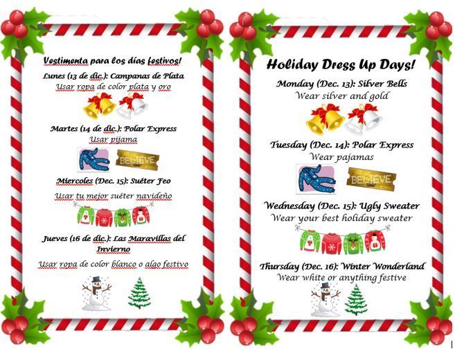 flyer showing dress up days for December 13-16