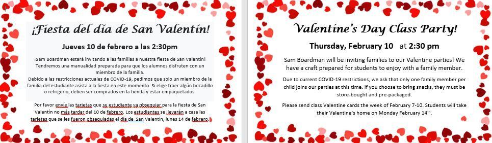 Flyer sharing information about SBE Valentine's day parties