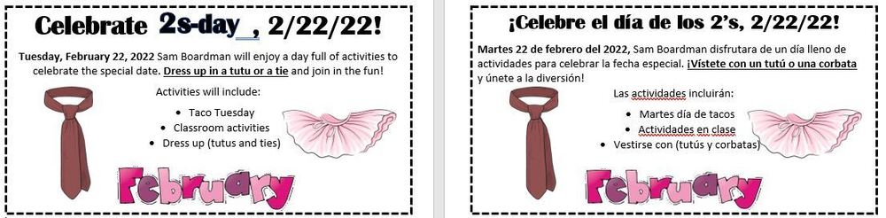 flyer showing activities for Tuesday, February 22. Picture of a tutu and a tie